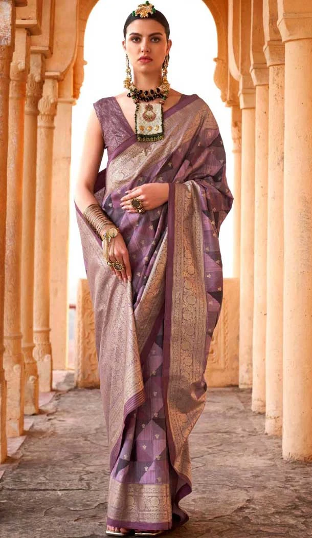 Purple And Violet Viscose Silk Printed Work Traditional Wear Saree - 10737195764
