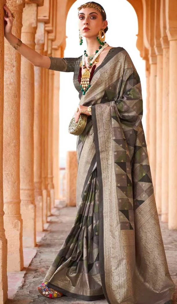 Grey Viscose Silk Printed Work Traditional Wear Saree - 10737195765