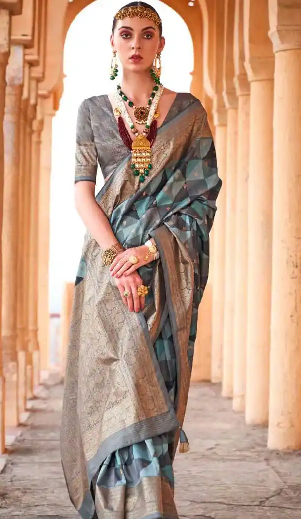 Viscose Silk Printed Work Traditional Wear Saree In Sky Blue - 10737195766