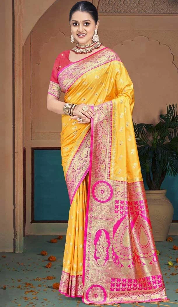 Yellow Silk Woven Work Traditional Wear Saree - 10880196804