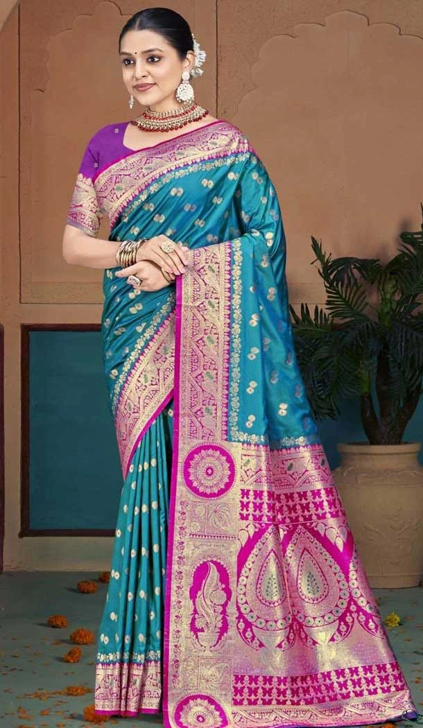 Rama Blue Silk Woven Work Traditional Wear Saree - 10880196805