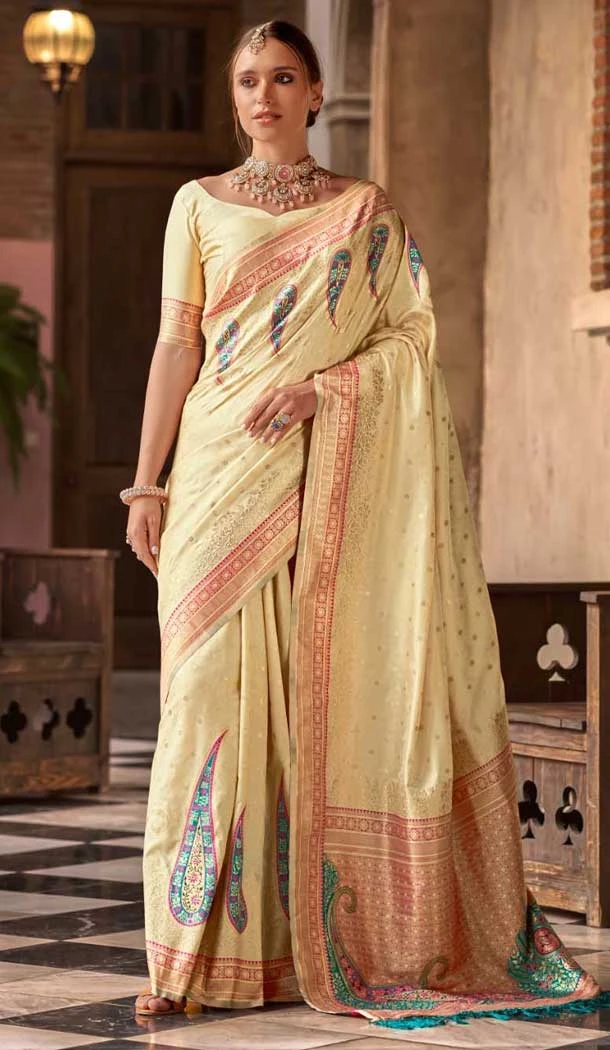 Soft Silk Zari Work Traditional Wear Saree In Light Yellow - 10881196809