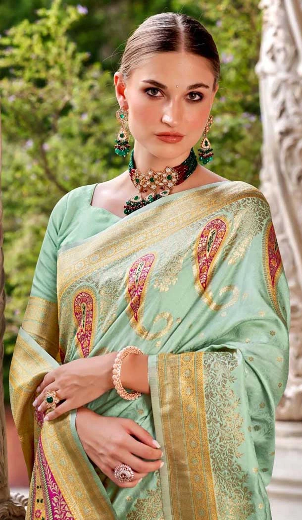 Soft Silk Zari Work Traditional Wear Saree In Sea Green - 10881196810