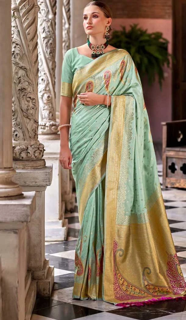 Soft Silk Zari Work Traditional Wear Saree In Sea Green - 10881196810
