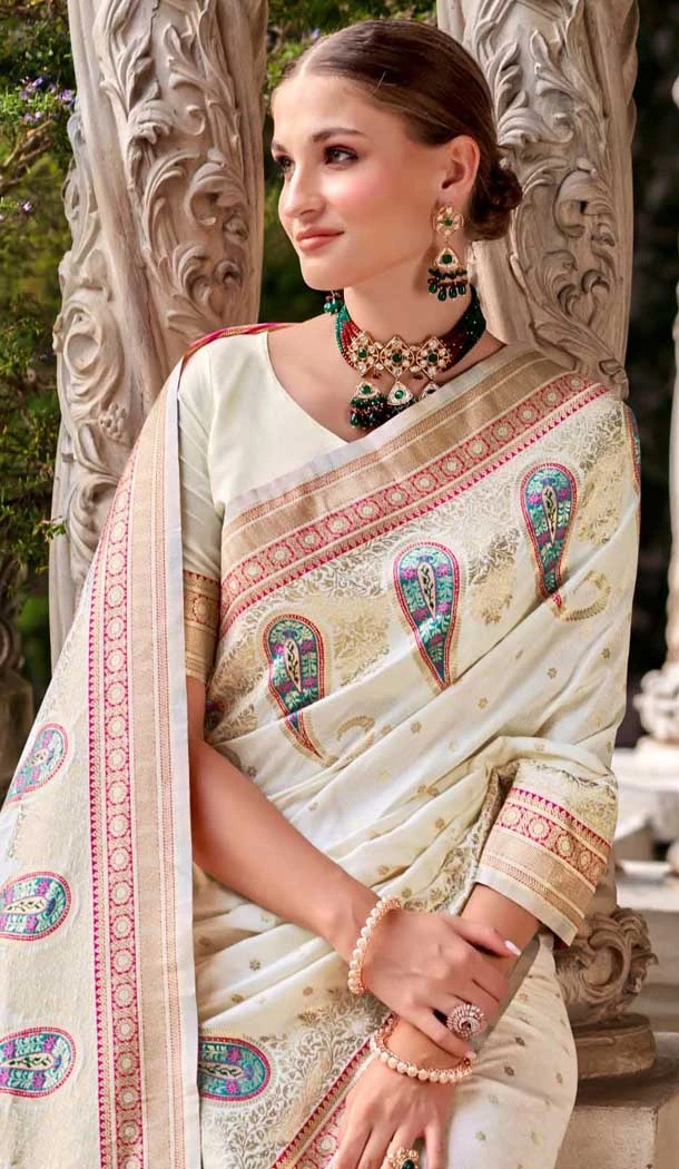 Soft Silk Zari Work Traditional Wear Saree In Off White - 10881196812