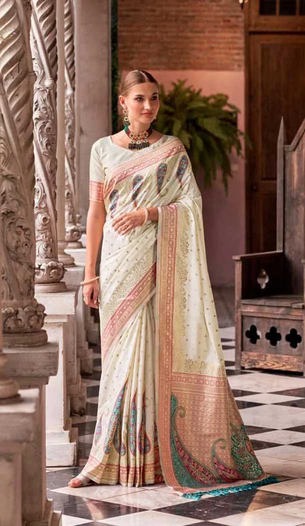 Soft Silk Zari Work Traditional Wear Saree In Off White - 10881196812