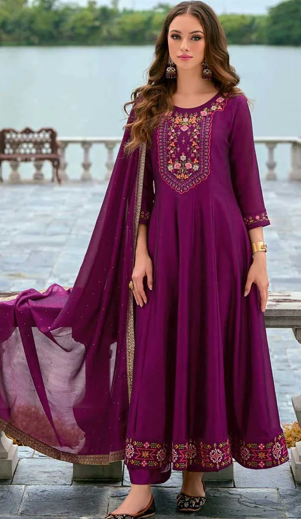 Purple Vichitra Silk Embroidered Readymade Salwar Suit - 10900196937