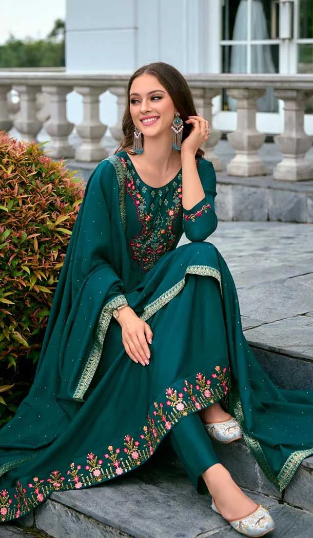 Teal Blue Blue Vichitra Silk Embroidered Readymade Salwar Suit - 10900196939