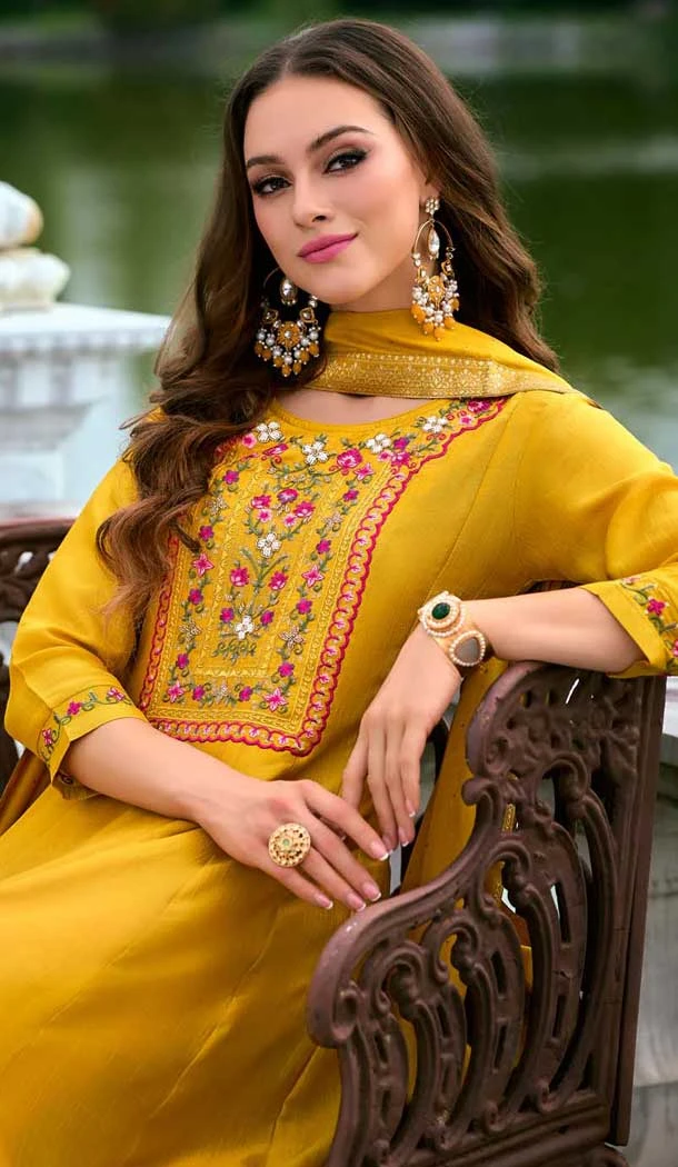 Yellow Vichitra Silk Embroidered Readymade Salwar Suit - 10900196940