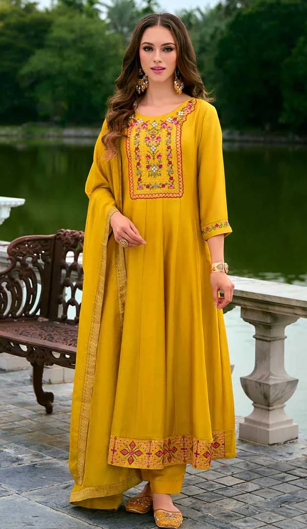 Yellow Vichitra Silk Embroidered Readymade Salwar Suit - 10900196940