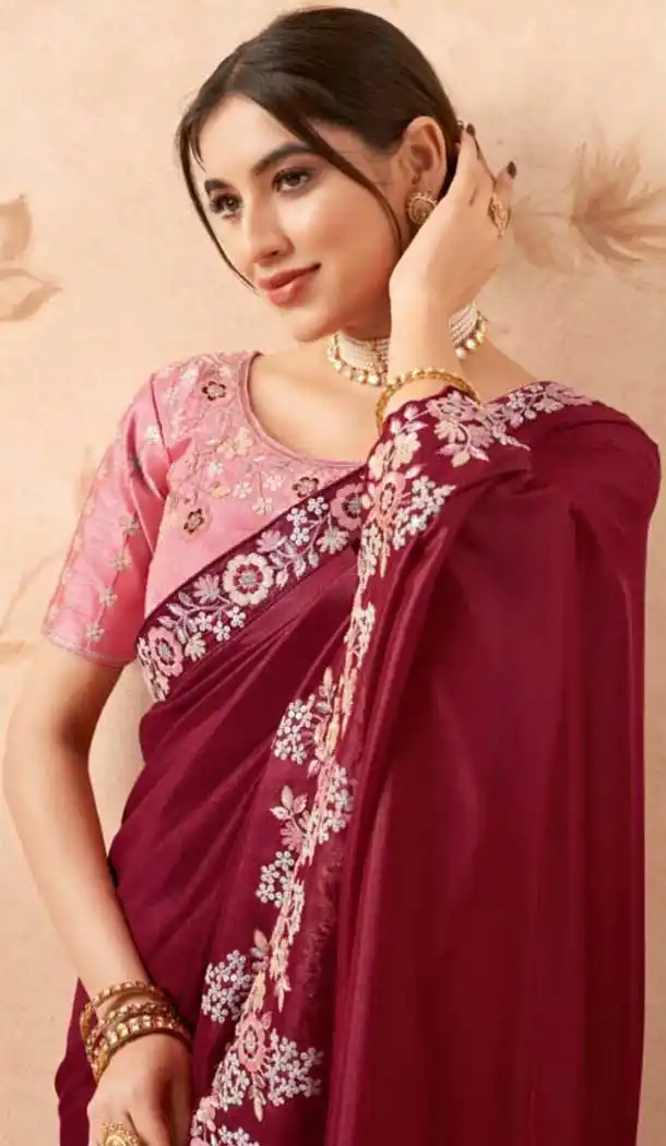Wine Art Silk Embroidered Party Wear Saree - 10809196265