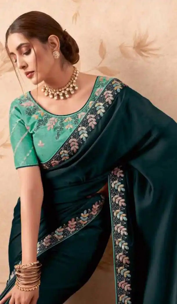 Teal Blue Art Silk Embroidered Party Wear Saree - 10809196266