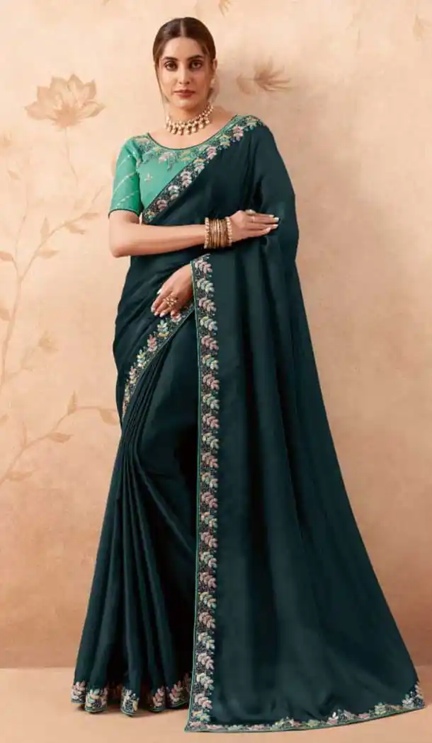 Teal Blue Art Silk Embroidered Party Wear Saree - 10809196266