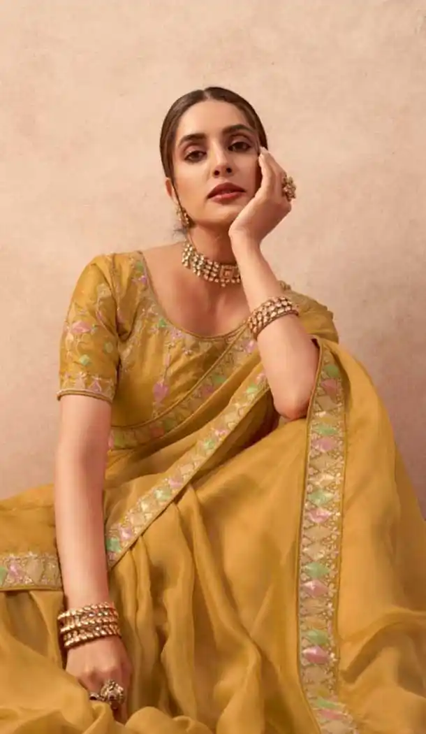 Mustard Art Silk Embroidered Party Wear Saree - 10809196267