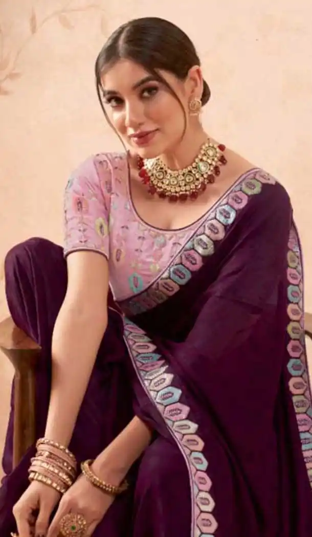 Purple Art Silk Embroidered Party Wear Saree - 10809196268