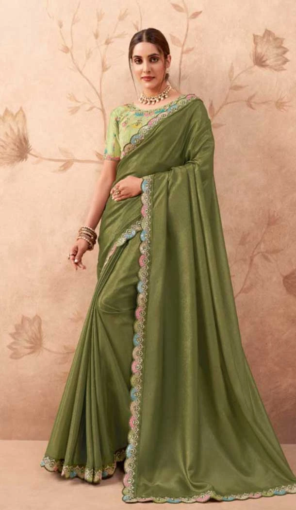 Mehendi Green Art Silk Embroidered Party Wear Saree - 10809196269
