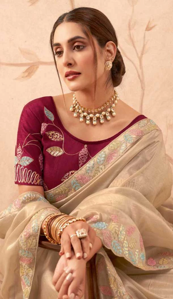 Cream Art Silk Embroidered Party Wear Saree - 10809196272 Cream Art Silk Embroidered Party Wear Saree - 10809196272