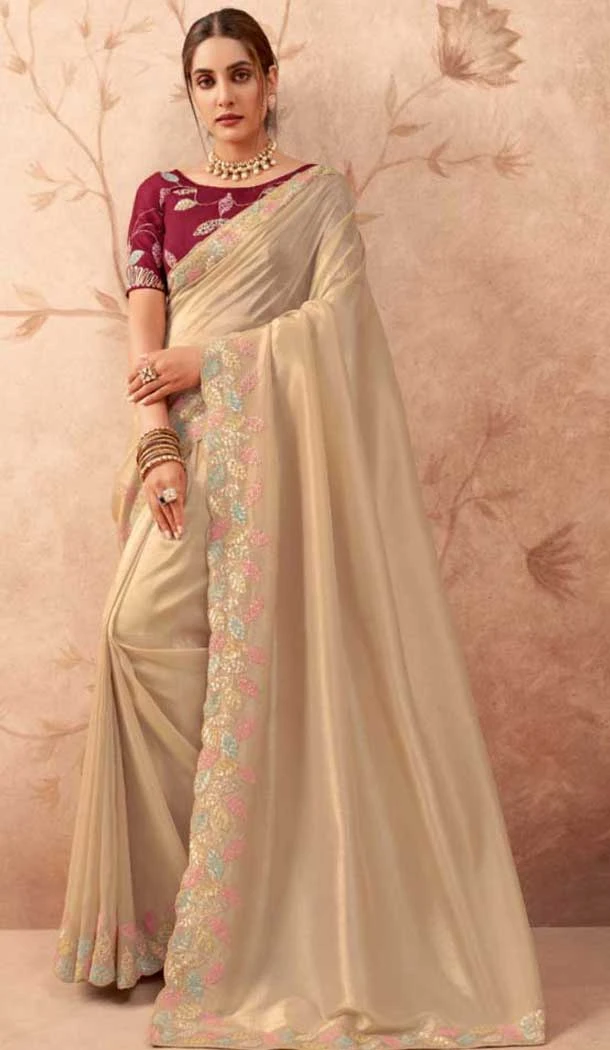 Cream Art Silk Embroidered Party Wear Saree - 10809196272 Cream Art Silk Embroidered Party Wear Saree - 10809196272