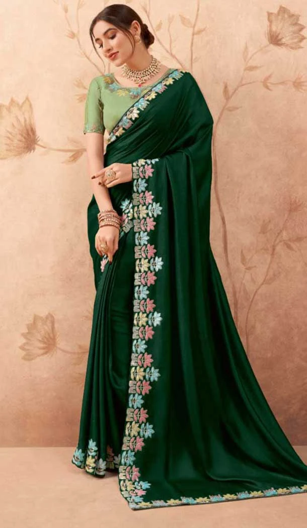 Green Art Silk Embroidered Party Wear Saree - 10809196273
