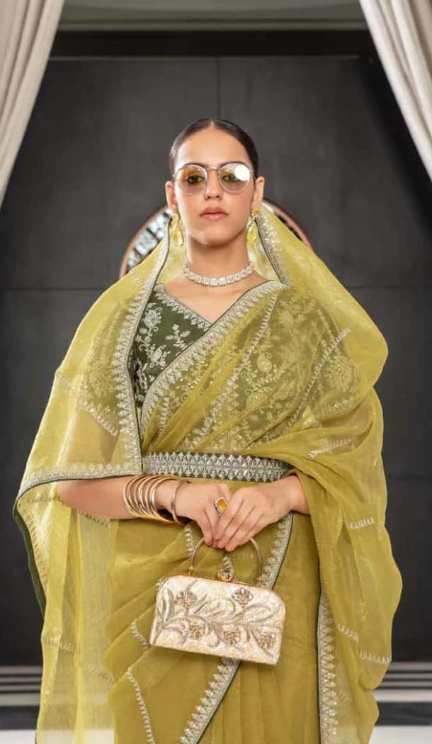 Organza Thread Work Designer Party Wear Saree In Mustard - 10814196296 Organza Thread Work Designer Party Wear Saree In Mustard - 10814196296
