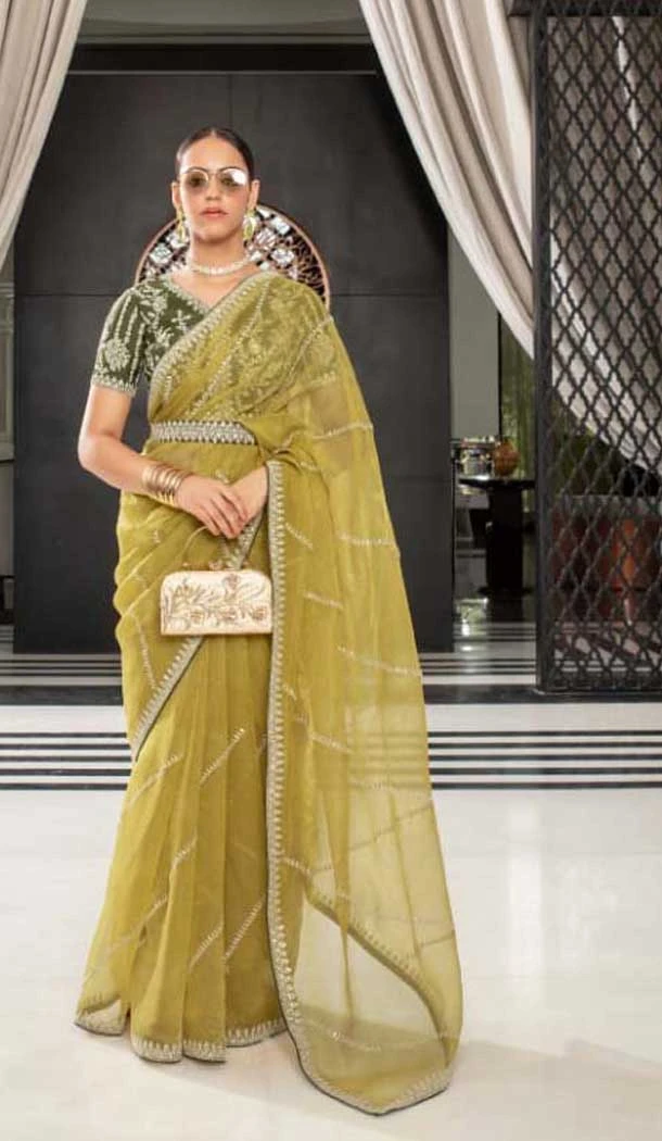 Organza Thread Work Designer Party Wear Saree In Mustard - 10814196296 Organza Thread Work Designer Party Wear Saree In Mustard - 10814196296