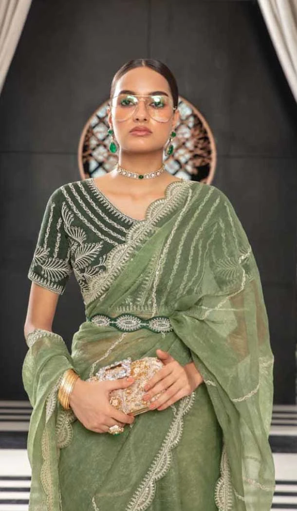 Organza Thread Work Designer Party Wear Saree In Sea Green - 10814196297