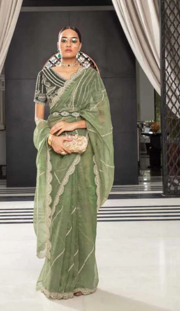 Organza Thread Work Designer Party Wear Saree In Sea Green - 10814196297