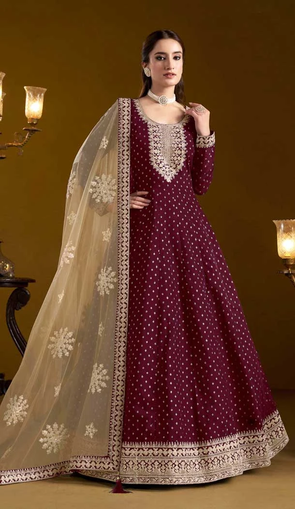Wine Chanderi Butti Zari Work Anarkali Style Salwar Suit - 10816196307