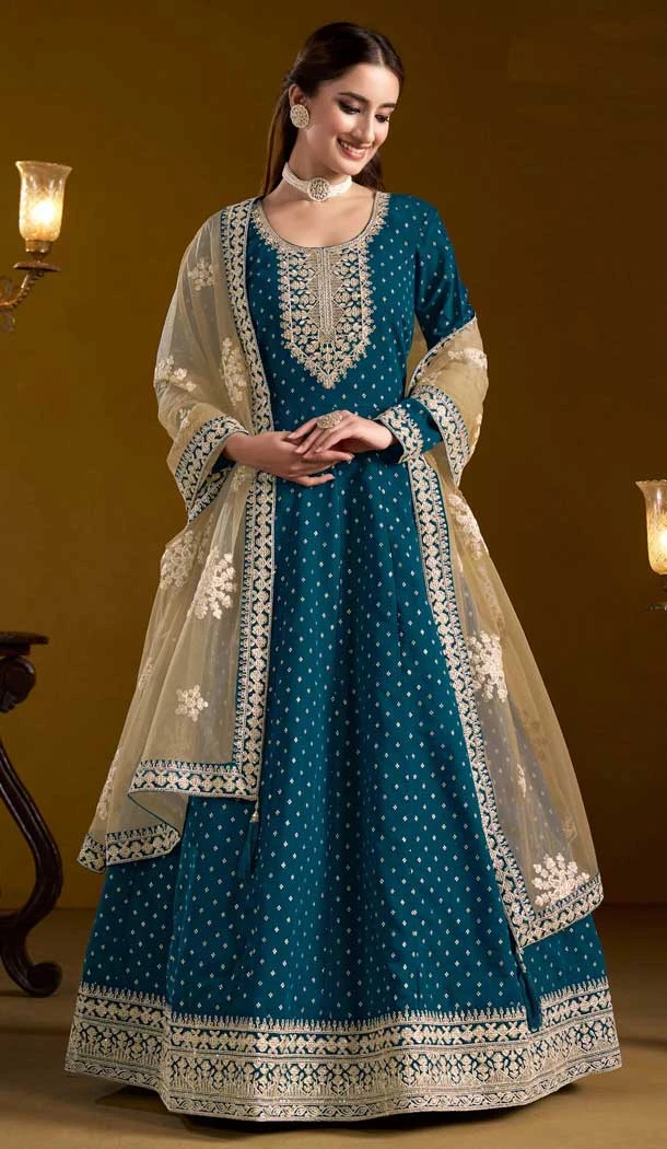 Teal Blue Chanderi Butti Zari Work Anarkali Style Salwar Suit - 10816196308
