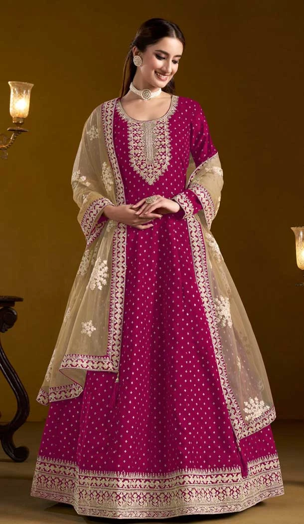 Rani Pink Chanderi Butti Zari Work Anarkali Style Salwar Suit - 10816196309
