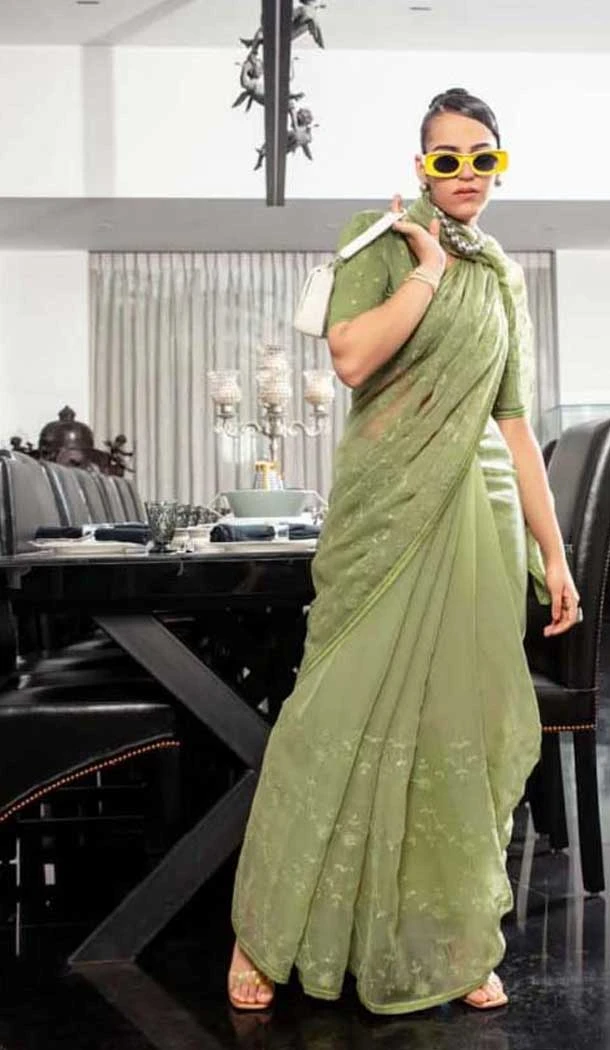 Pista Green Chiffon Sequins Work Party Wear Saree - 10832196397