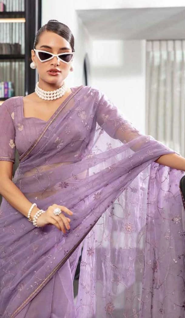 Lavender Chiffon Sequins Work Party Wear Saree - 10832196398