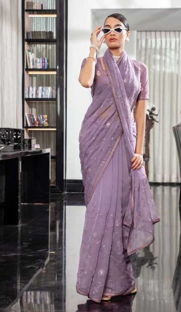 Lavender Chiffon Sequins Work Party Wear Saree - 10832196398