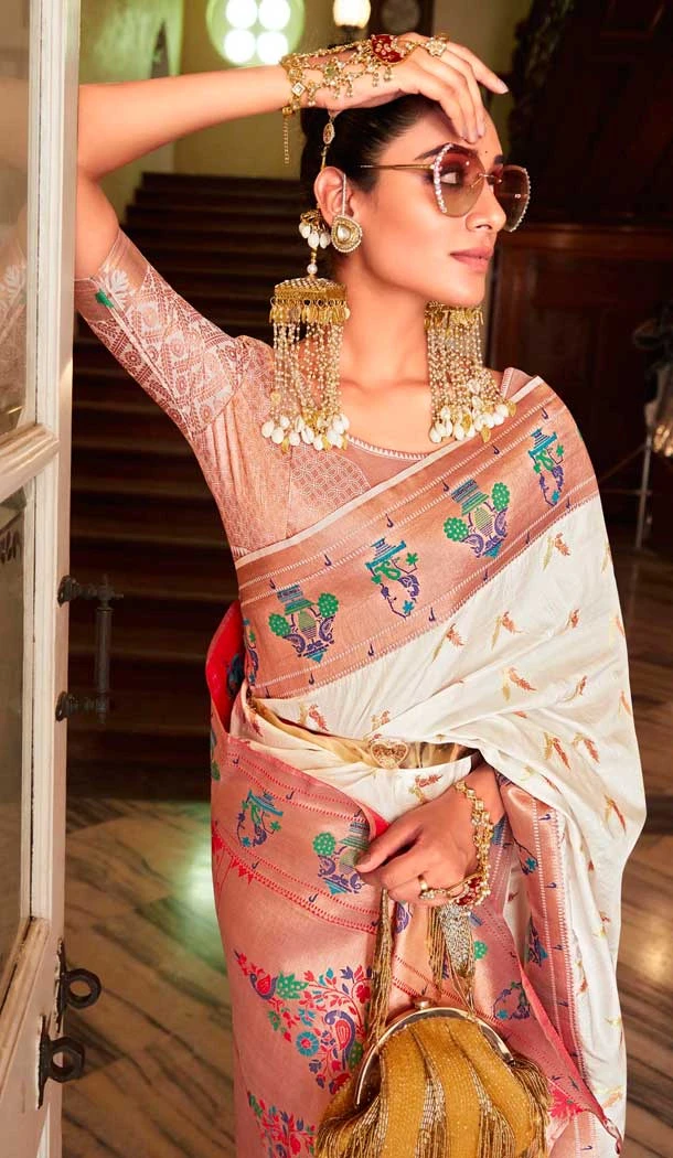 Off White Soft Silk Zari Work Traditional Wear Saree - 10861196687