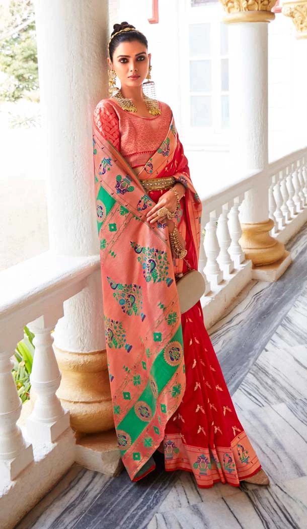 Red Soft Silk Zari Work Traditional Wear Saree - 10861196688