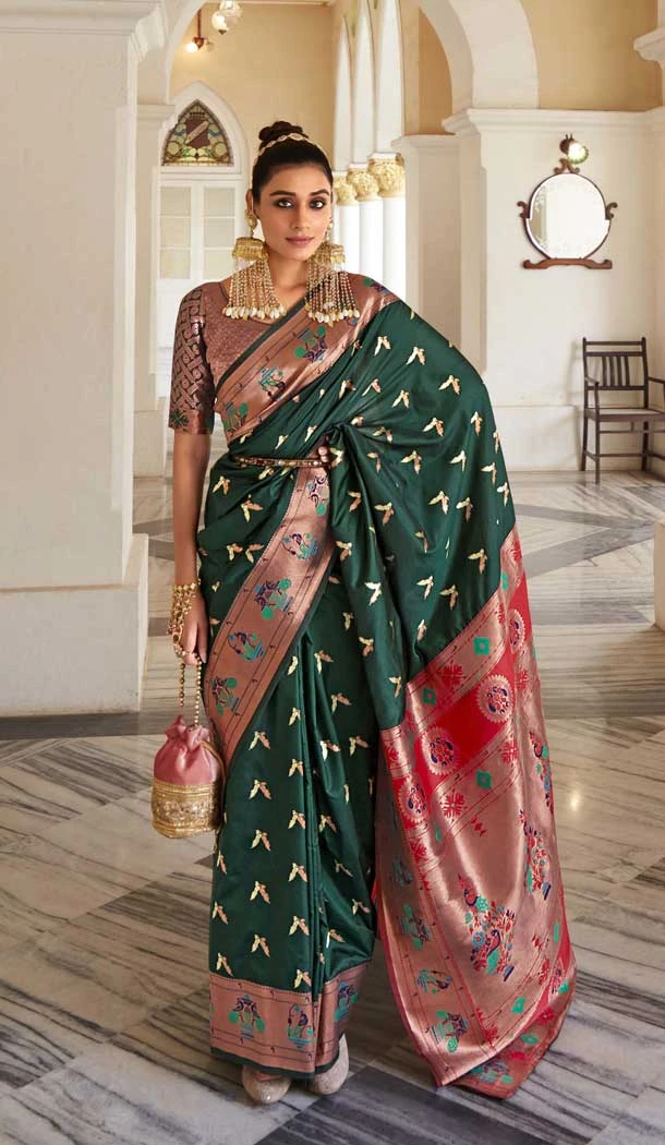 Bottle Green Soft Silk Zari Work Traditional Wear Saree - 10861196690