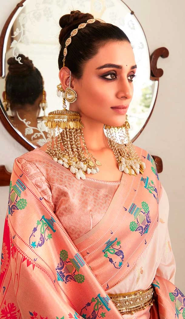 Peach Soft Silk Zari Work Traditional Wear Saree - 10861196691