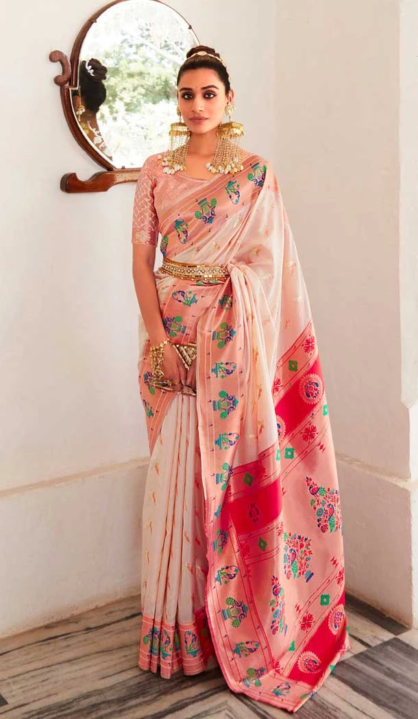 Peach Soft Silk Zari Work Traditional Wear Saree - 10861196691