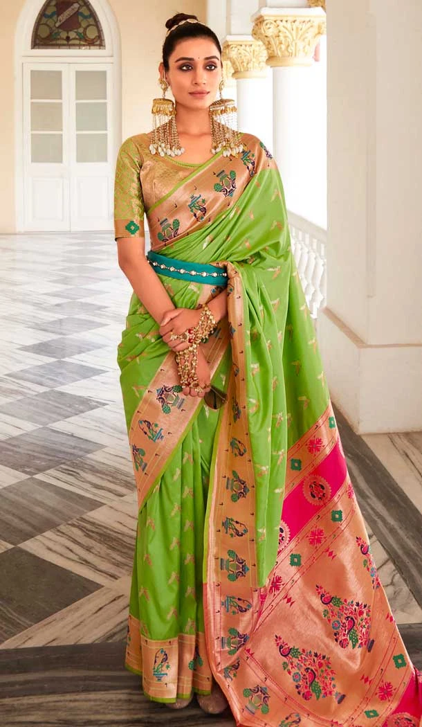 Parrot Green Soft Silk Zari Work Traditional Wear Saree - 10861196693