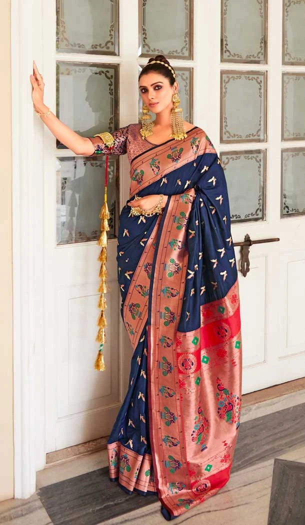 Blue Soft Silk Zari Work Traditional Wear Saree - 10861196694