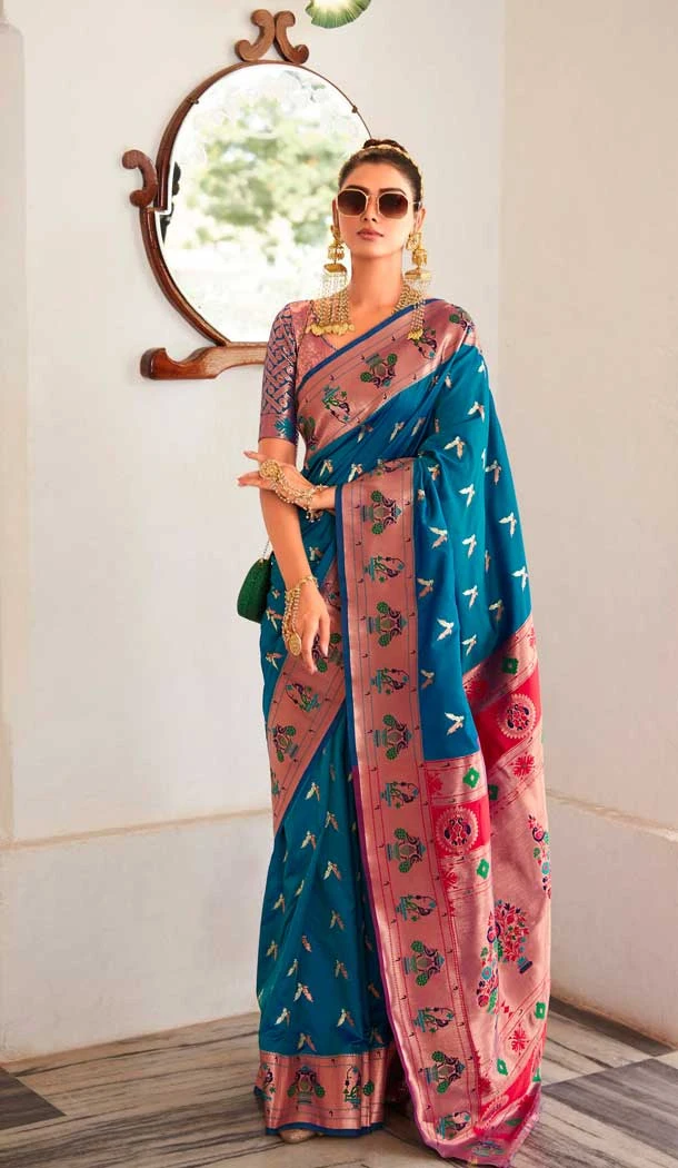 Turquoise Blue Soft Silk Zari Work Traditional Wear Saree - 10861196695