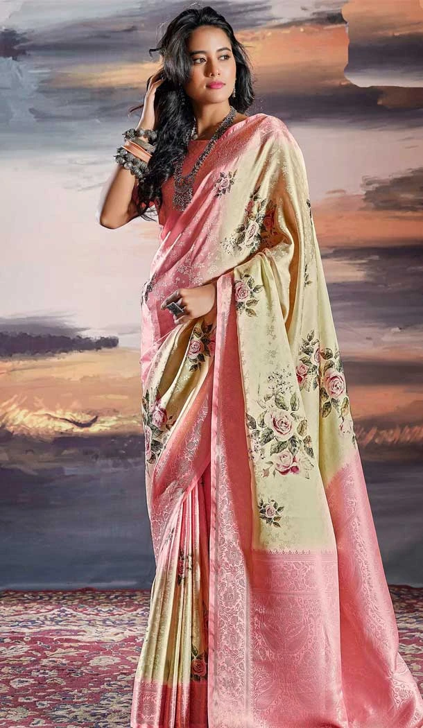 Beige Pratistha Silk Weaving Work Party Wear Saree - 10862196699