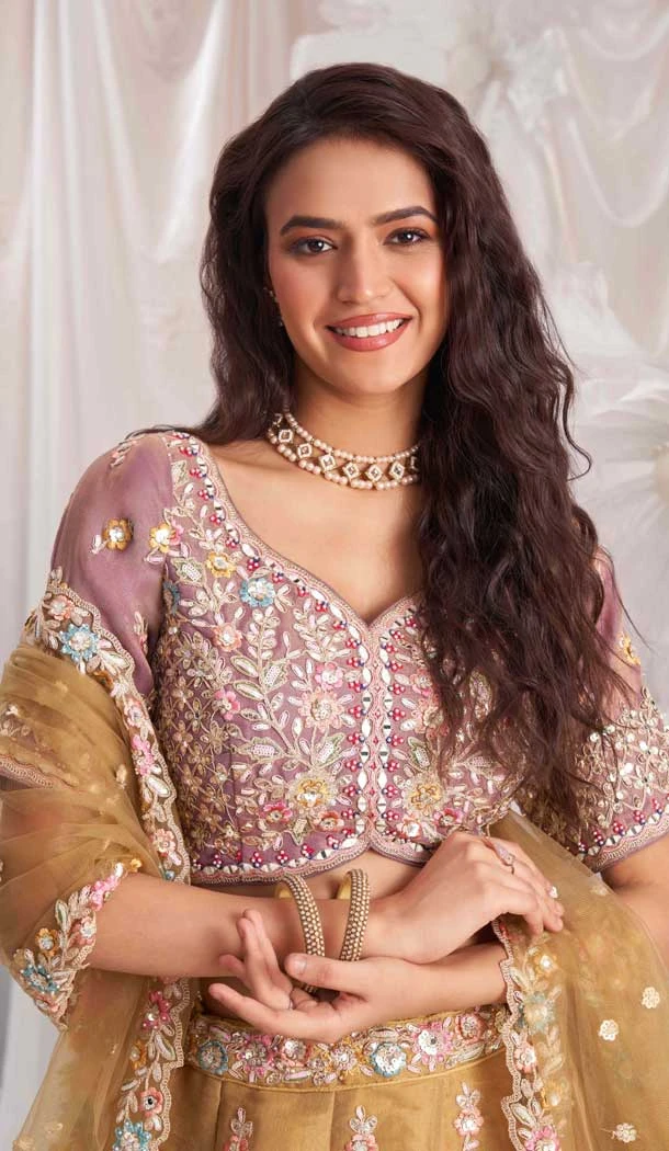 Gold Tissue Sequins Work Wedding Wear Lehenga Choli - 10892196870