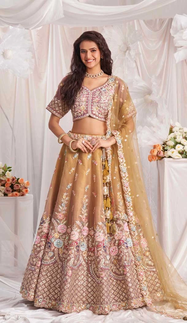 Gold Tissue Sequins Work Wedding Wear Lehenga Choli - 10892196870