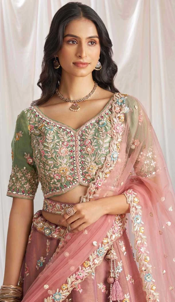 Pink Tissue Sequins Work Wedding Wear Lehenga Choli - 10892196871