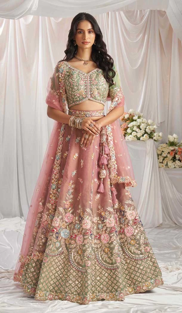 Pink Tissue Sequins Work Wedding Wear Lehenga Choli - 10892196871