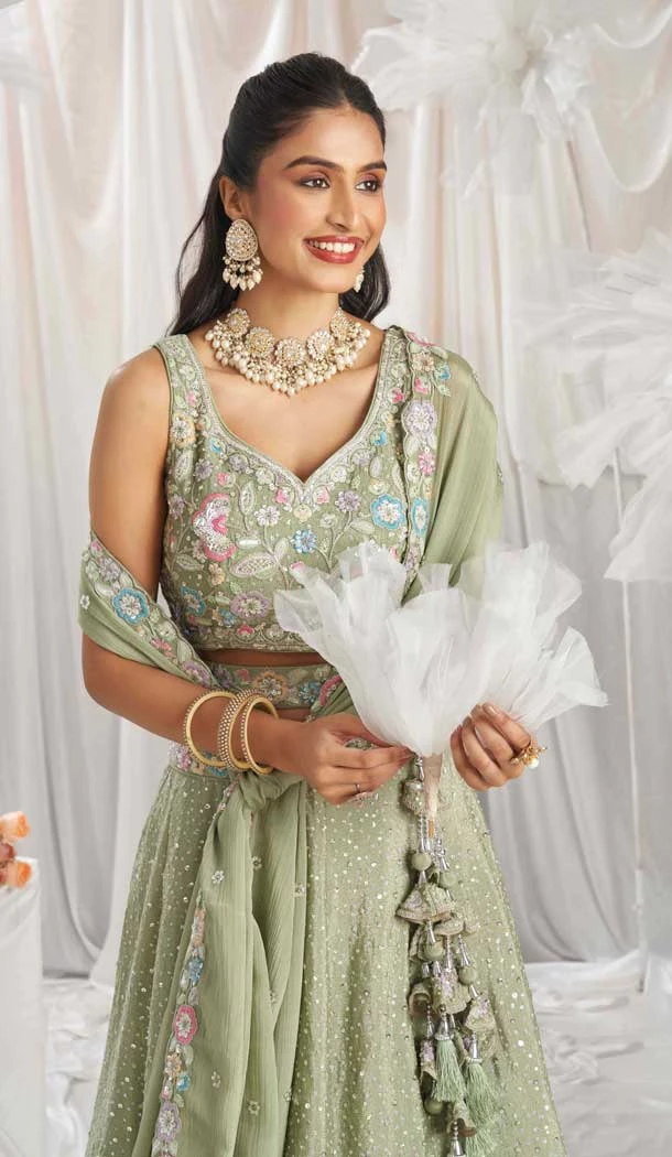 Lime Green Poly Chiffon Sequins Work Wedding Wear Lehenga Choli - 10892196873
