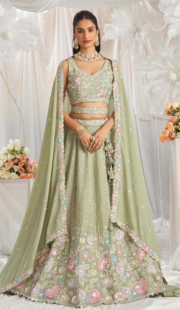 Lime Green Poly Chiffon Sequins Work Wedding Wear Lehenga Choli - 10892196873