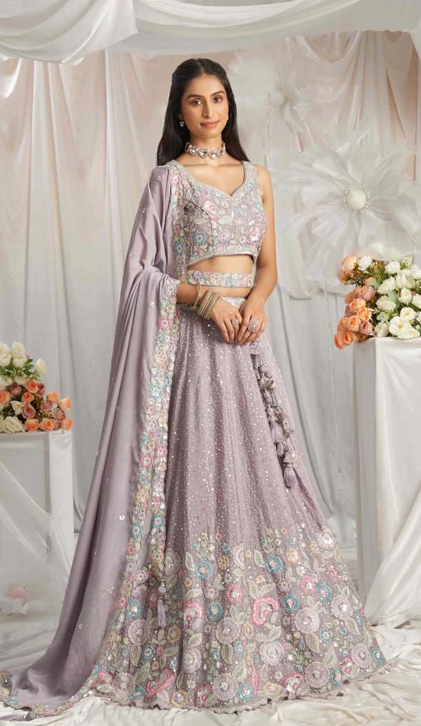 Mauve Poly Chiffon Sequins Work Wedding Wear Lehenga Choli - 10892196874