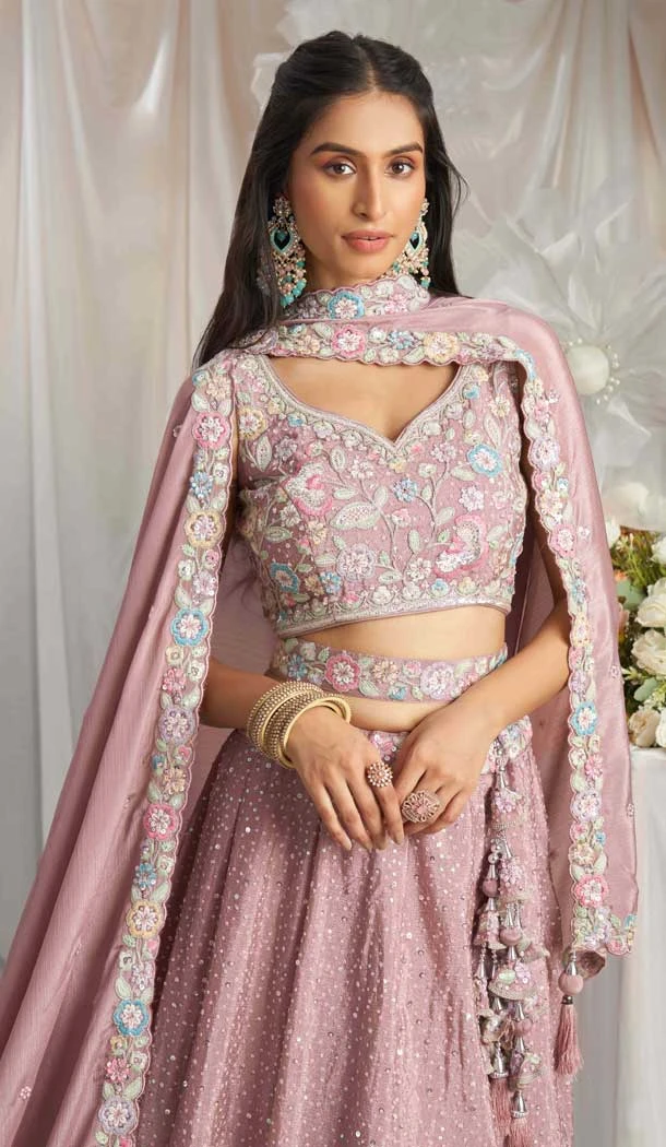 Pink Poly Chiffon Sequins Work Wedding Wear Lehenga Choli - 10892196875